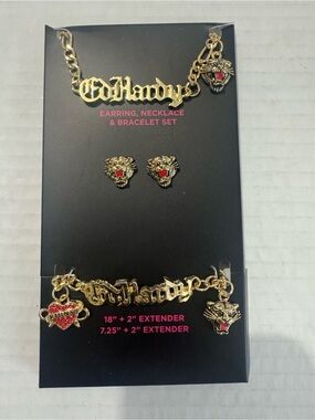 Ed hardy gold tone tiger necklace bracelet earring jewelry set Bnib